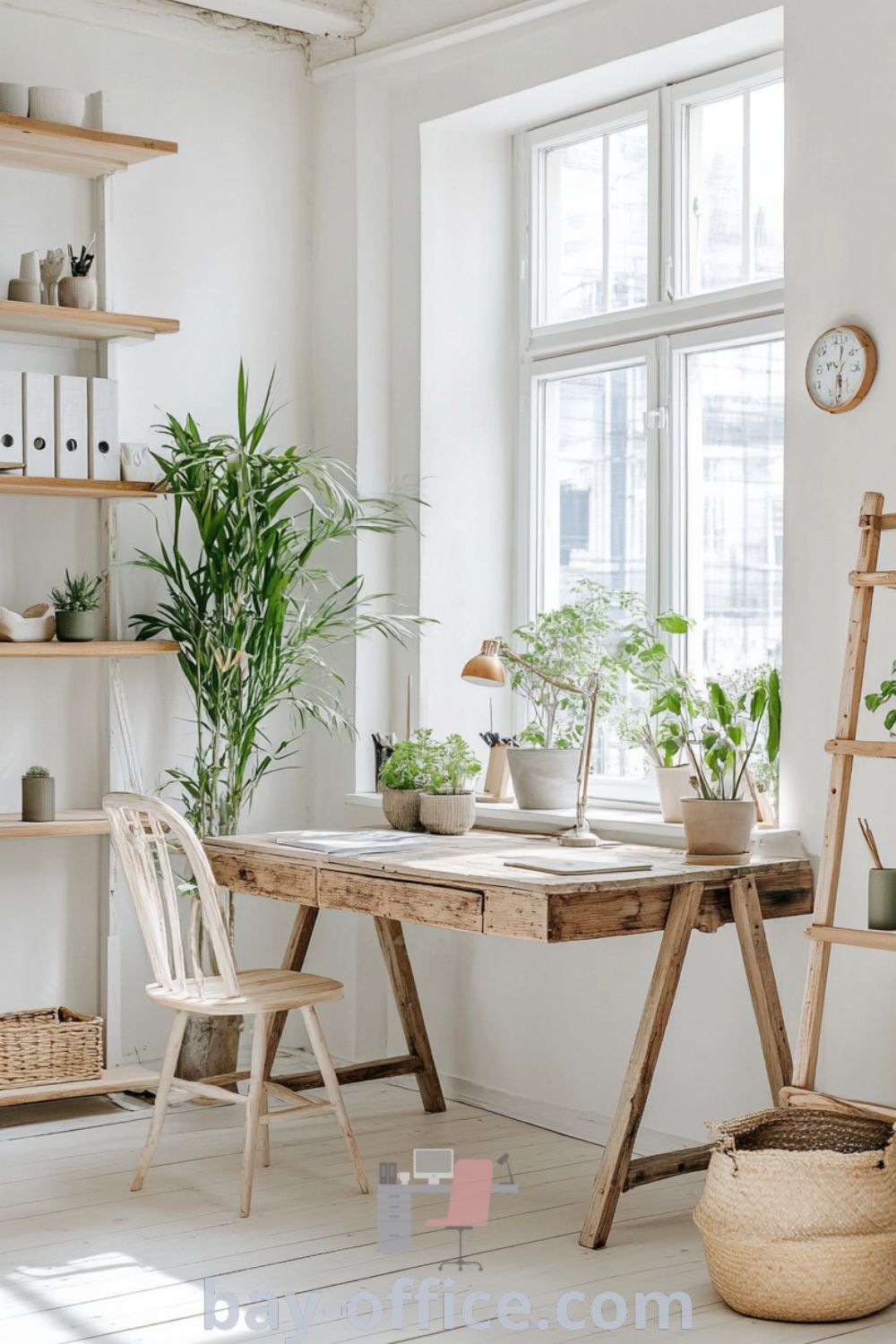 Scandinavian home office featuring white walls, natural wood furniture, and large windows, creating a cozy space with potted plants and organized shelves. Ideal for inspiring productivity and comfort, perfect for small spaces. Discover more ideas at bay-office.com.