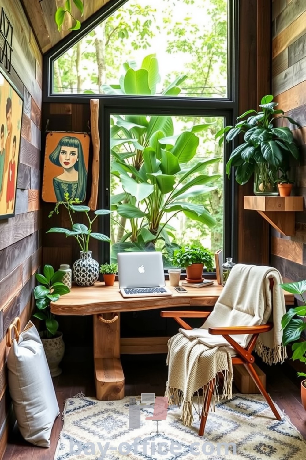 Nature-inspired home office with reclaimed wood paneling, rustic desk, lush greenery, and cozy textiles, creating a serene environment for relaxation and productivity. Discover more cozy and inspiring decor ideas at bay-office.com.