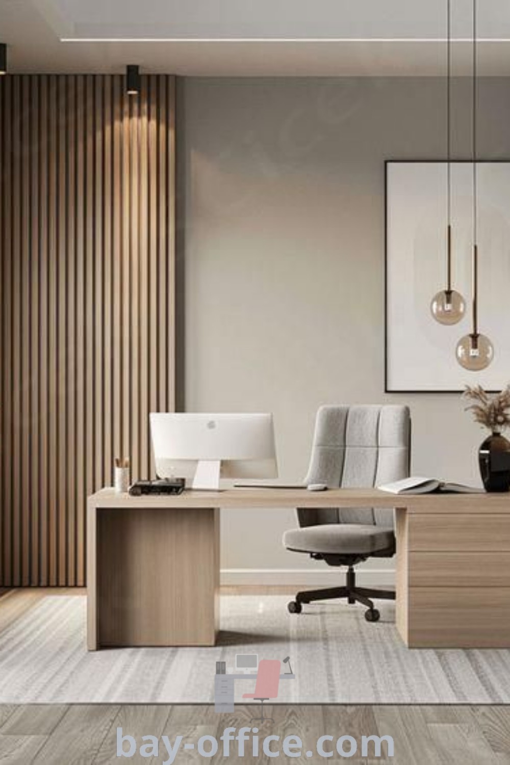 Modern office design featuring wood paneling, modern furniture, and potted plants, showcasing inspiring decor ideas for small spaces. Perfect for creating a functional and cozy workspace at home. Explore more design tips and trends at bay-office.com.
