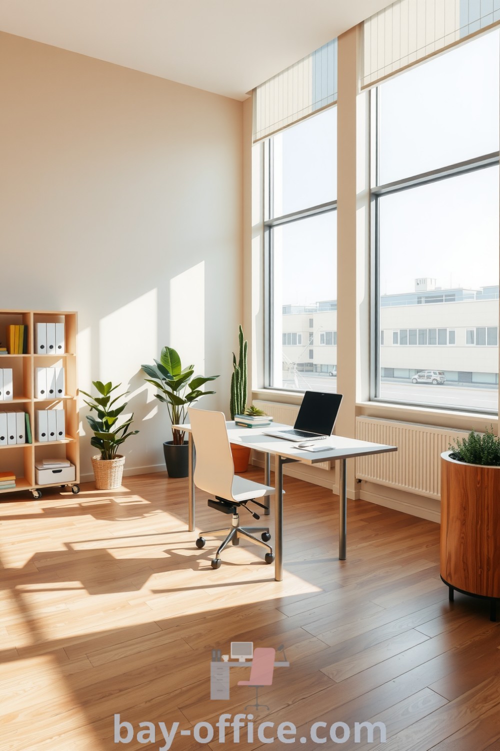 Minimalist corporate office with beige walls, polished wood flooring, sleek metal desk, and white chair, showcasing a serene and spacious environment for productivity and collaboration. Discover more inspiring decor ideas for small spaces at bay-office.com.