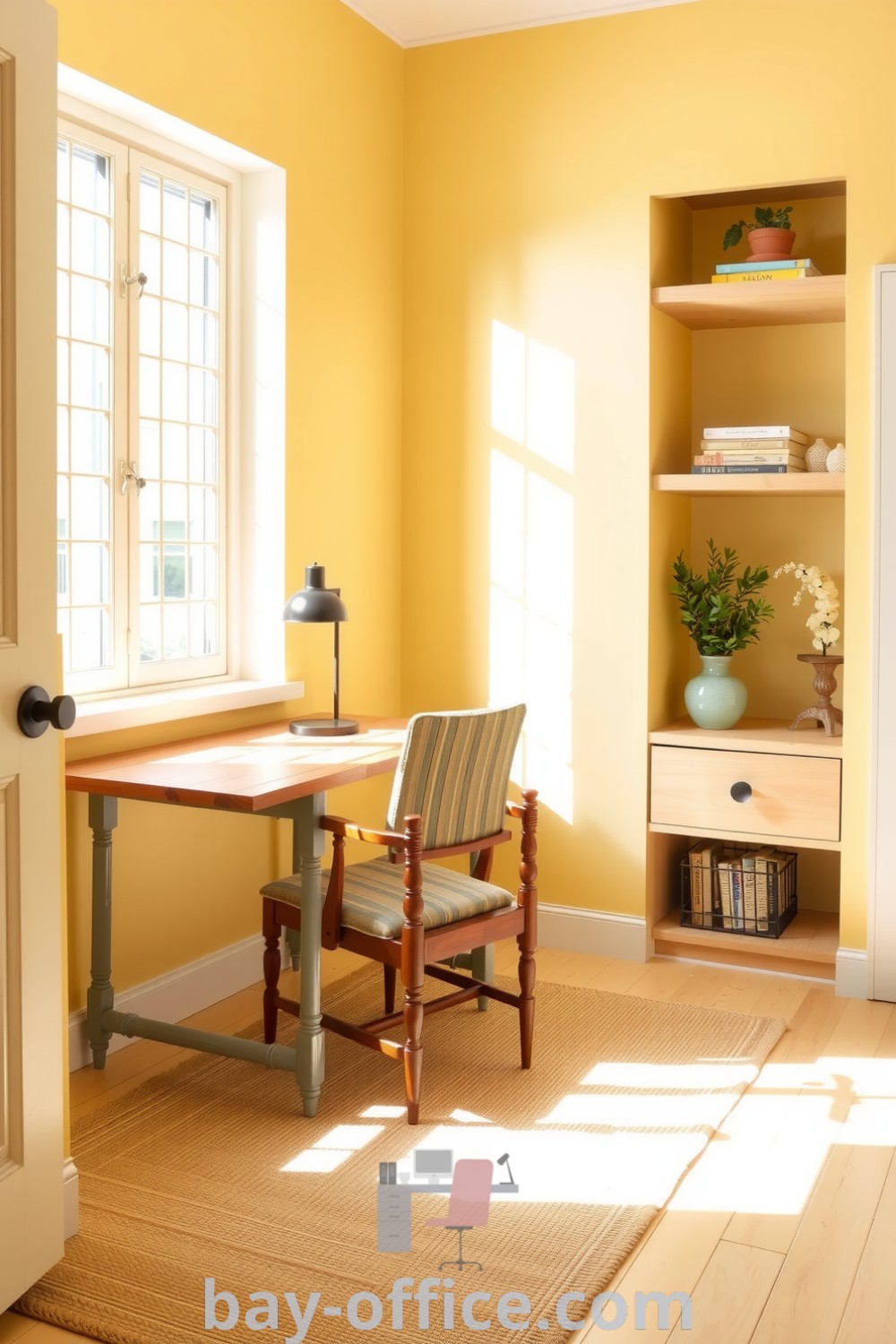 Minimalist home office featuring pale yellow walls, a simple wooden desk, and a cozy chair, creating a warm and inviting workspace ideal for productivity. Discover inspiring decor ideas for small spaces at bay-office.com.