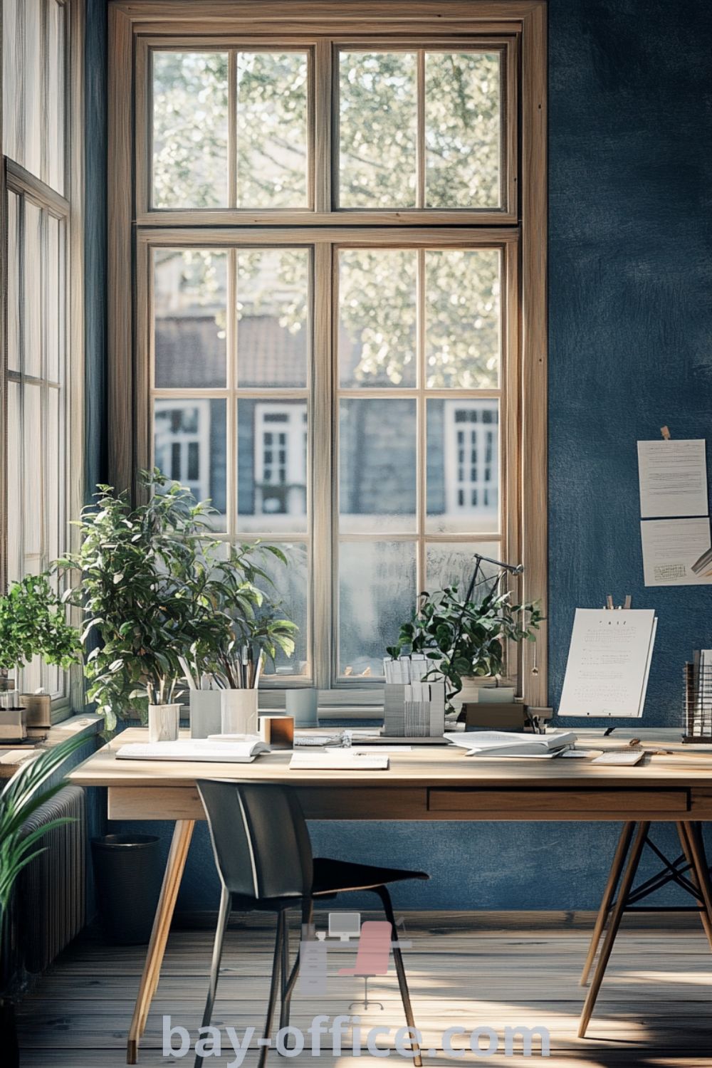 Scandinavian home office featuring serene blue tones, warm wooden accents, and large windows, designed to inspire creativity and focus. Ideal for cozy decor ideas and promoting productivity. Discover more on bay-office.com.