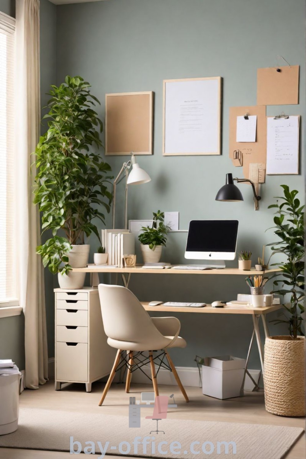 Sage green and white home office showcasing a desk with a laptop and plants, offering inspiring decor ideas to enhance productivity and comfort. Discover more office decor concepts at bay-office.com.