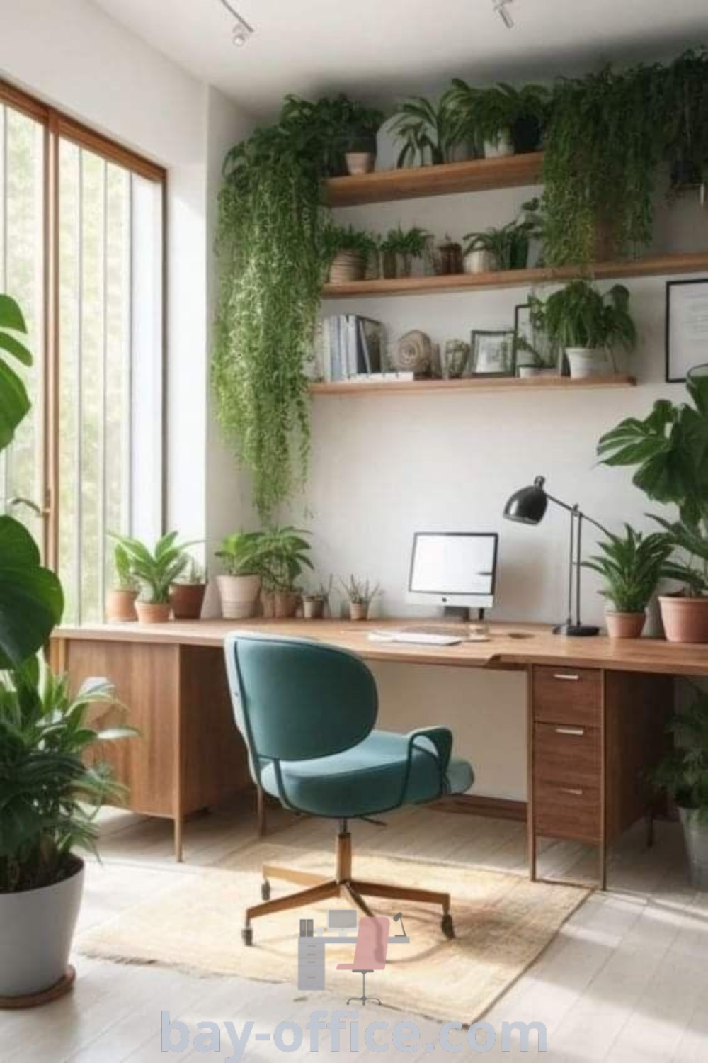 Modern study lounge with plants on shelves, a desk, and a chair, perfect for creating a home office that enhances productivity. Discover inspiring decor ideas for small spaces and the best design tips at bay-office.com.