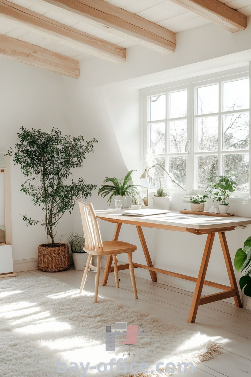 Scandinavian home office with white walls, pale wooden beams, natural wood desk, and plants, illuminated by sunlight through a large window. Creates a cozy aesthetic perfect for productivity. Explore more design tips at bay-office.com.