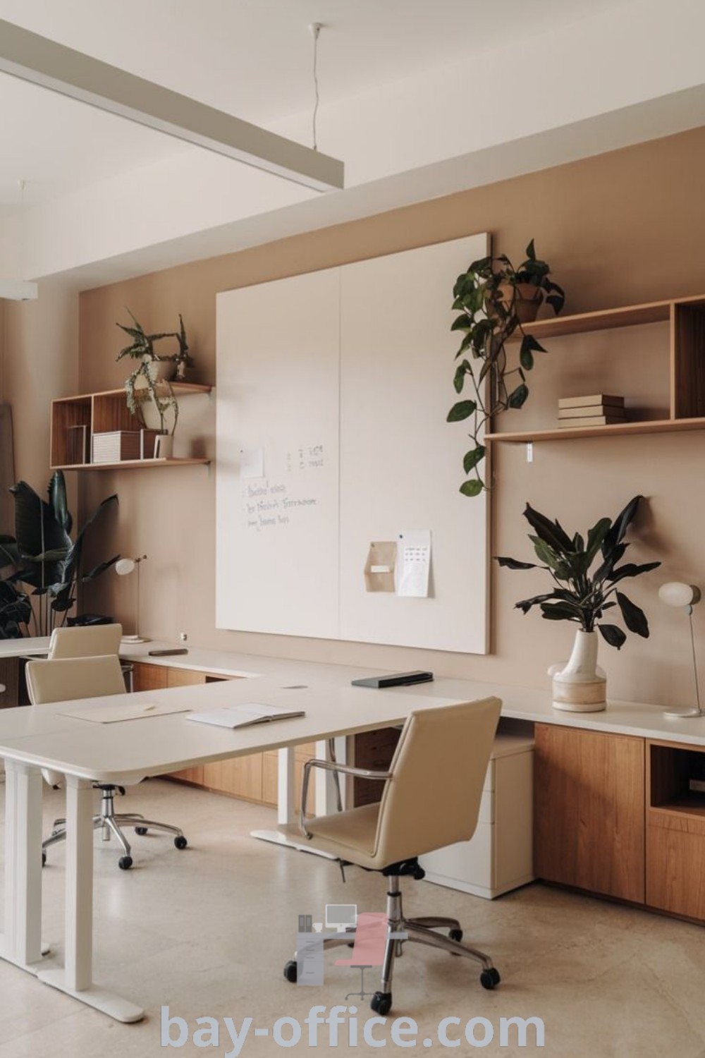 Minimalist office with two white desks, plants, and sleek furniture that enhance productivity. Explore design tips and cozy aesthetic ideas for your workspace at bay-office.com.