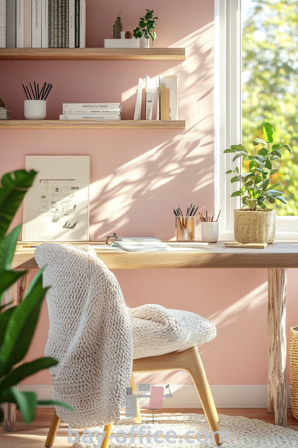 Cozy Scandinavian home office with soft pink walls, natural wood furniture, and potted plants, designed for comfort and productivity. Discover more inspiring design tips and ideas that will make you love working from home at bay-office.com.