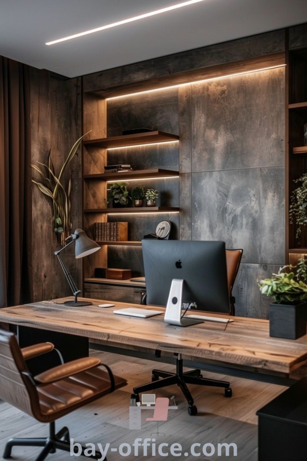 Industrial office room design featuring a desk with a computer, showcasing masculine decor ideas that inspire productivity and comfort. Perfect for a home office or man cave setup. Explore more inspiring ideas at bay-office.com.