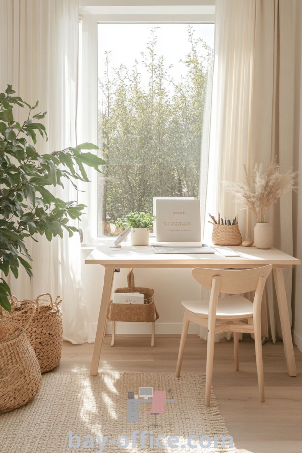 Scandinavian home office featuring calming beige colors, light wooden accents, natural light, minimalist desk, and cozy chair, designed for comfort and productivity. Ideal for inspiration and decorating ideas at bay-office.com.