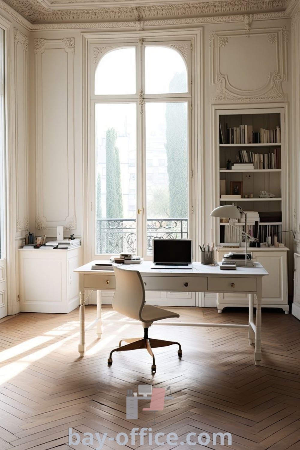 Cozy French study room with a desk and laptop in front of a window, embodying French office style and decor ideas for small spaces. Discover inspiring design tips and ideas you