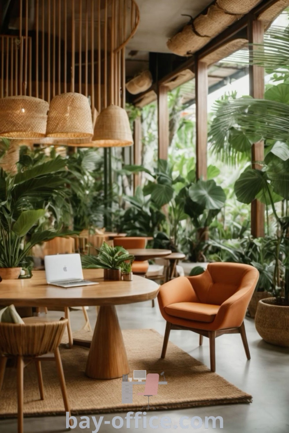 A beautifully designed green office and small cafe setting filled with lush plants and stylish furniture, showcasing ideas for productive workspaces and cozy aesthetics. Explore inspiring decor ideas for small spaces at bay-office.com.