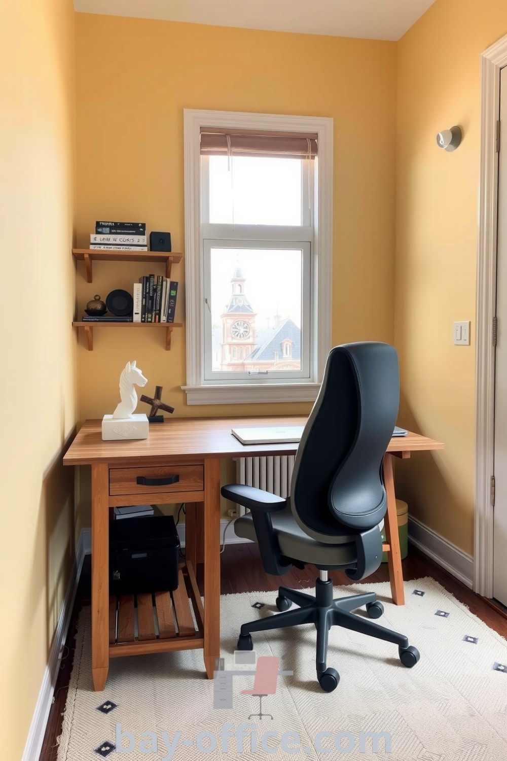 Minimalist home office in soft yellow tones featuring a weathered wooden desk, ergonomic chair, and curated shelves, designed to inspire productivity and creativity in a serene environment. Discover decor ideas for small spaces at bay-office.com.