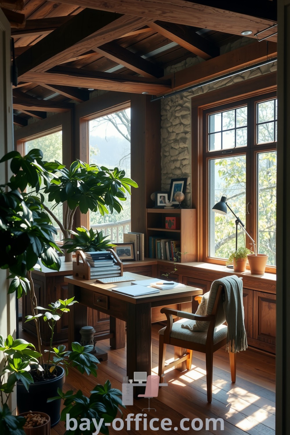 Nature-inspired home office featuring wooden beams, stone walls, indoor plants, and a reclaimed wood desk, designed to foster creativity and tranquility. Perfect decor ideas for small spaces that inspire productivity. Discover more at bay-office.com.
