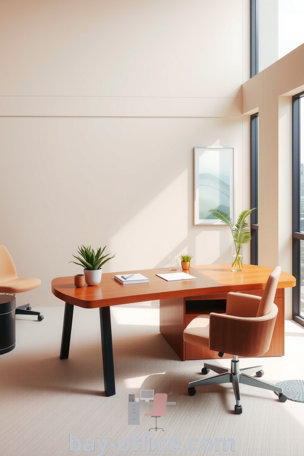 Spacious minimalist corporate office featuring beige walls, a warm wooden desk, comfortable chair, natural light, and indoor plants, designed to inspire productivity and tranquility. Discover more ideas at bay-office.com.