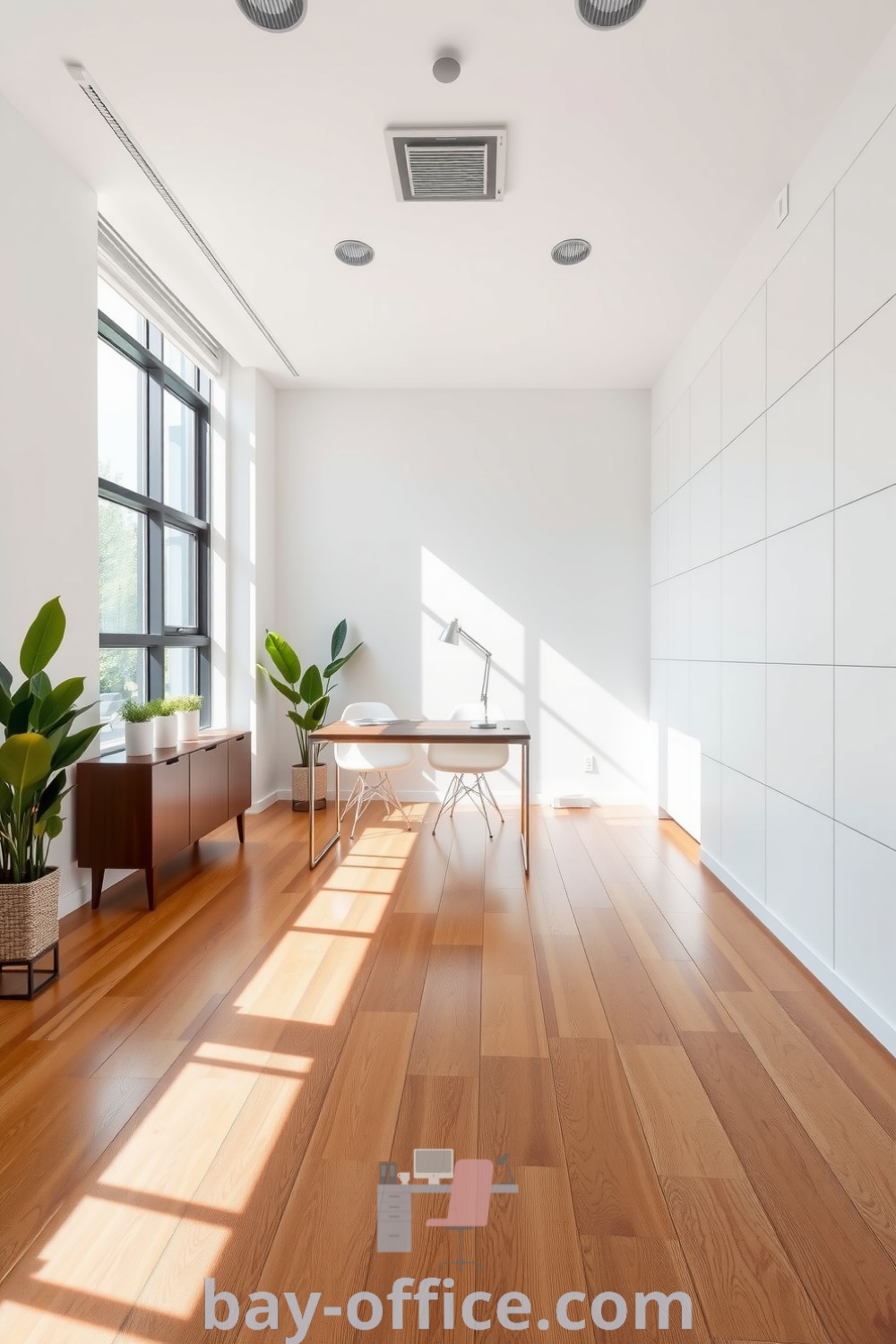 Minimalist corporate office with white walls, polished wooden flooring, elegant desk by a large window, and indoor plants, designed to inspire productivity and calm. Find more cozy decor ideas at bay-office.com.