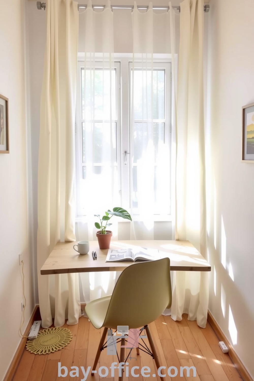Minimalist home office with soft yellow accents, simple wooden desk, sleek chair, and potted plant, creating a cozy aesthetic that inspires productivity. Explore more ideas for your space at bay-office.com.