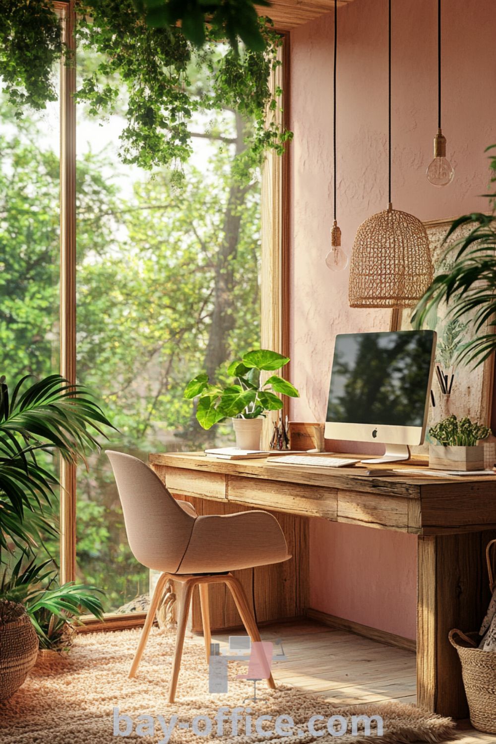 Cozy home office featuring soft pink tones, reclaimed wood furniture, large window with greenery view, and indoor plants, providing an inspiring workspace for productivity. Discover more cozy design tips at bay-office.com.