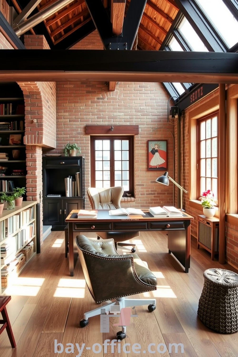 Cozy loft home office featuring exposed brick walls, wooden beams, a dark wood desk, and a vintage leather chair, designed to inspire productivity and comfort. Perfect for creating an inviting workspace that enhances creativity. Discover more ideas at bay-office.com.