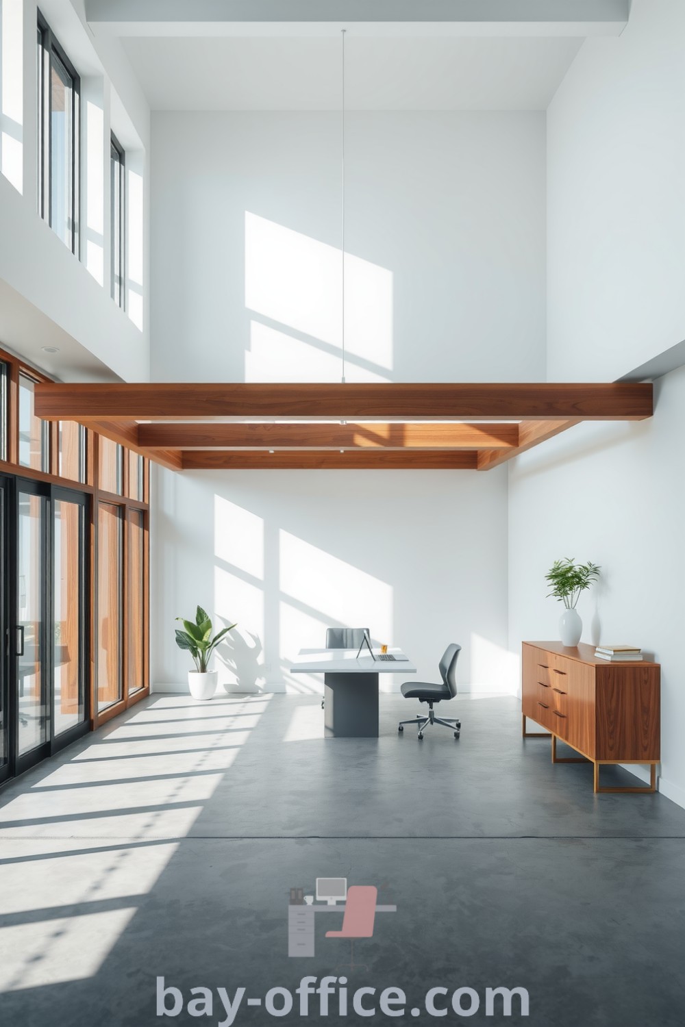Minimalist corporate office with white walls, wooden accents, and large windows allowing natural light. A functional desk enhances focus in a serene setting, perfect for productivity and creativity. Discover more inspiring ideas at bay-office.com.