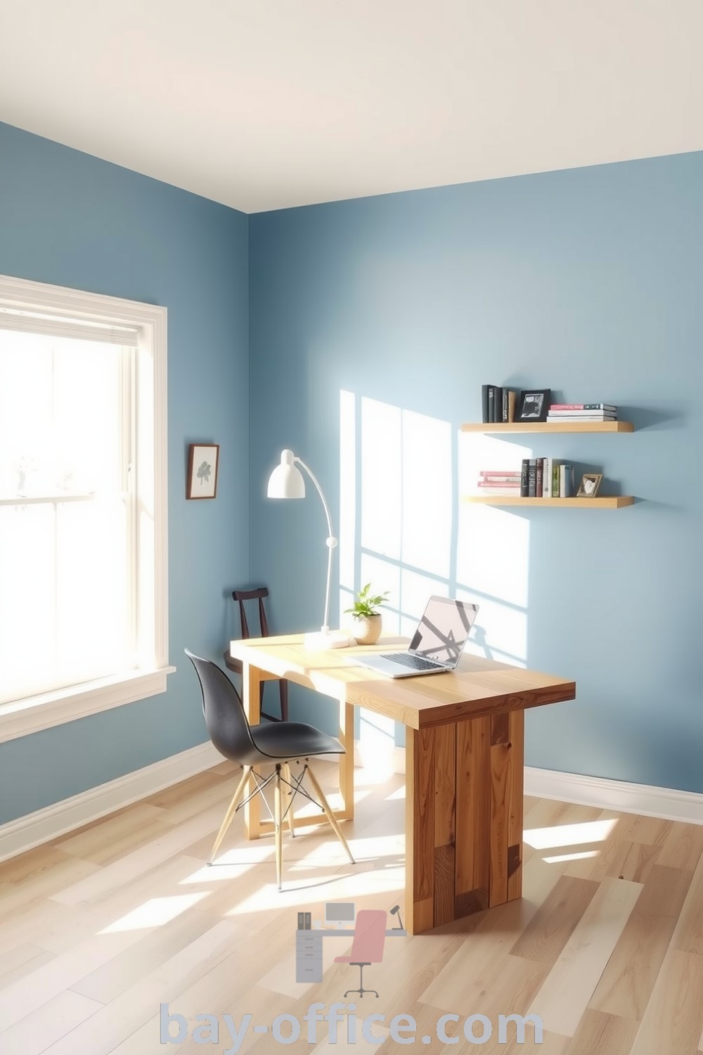 Minimalist home office in soothing blue, featuring a reclaimed wood desk, natural light, and a curated bookshelf, designed to inspire productivity and creativity. Explore more inspiring decor ideas at bay-office.com.