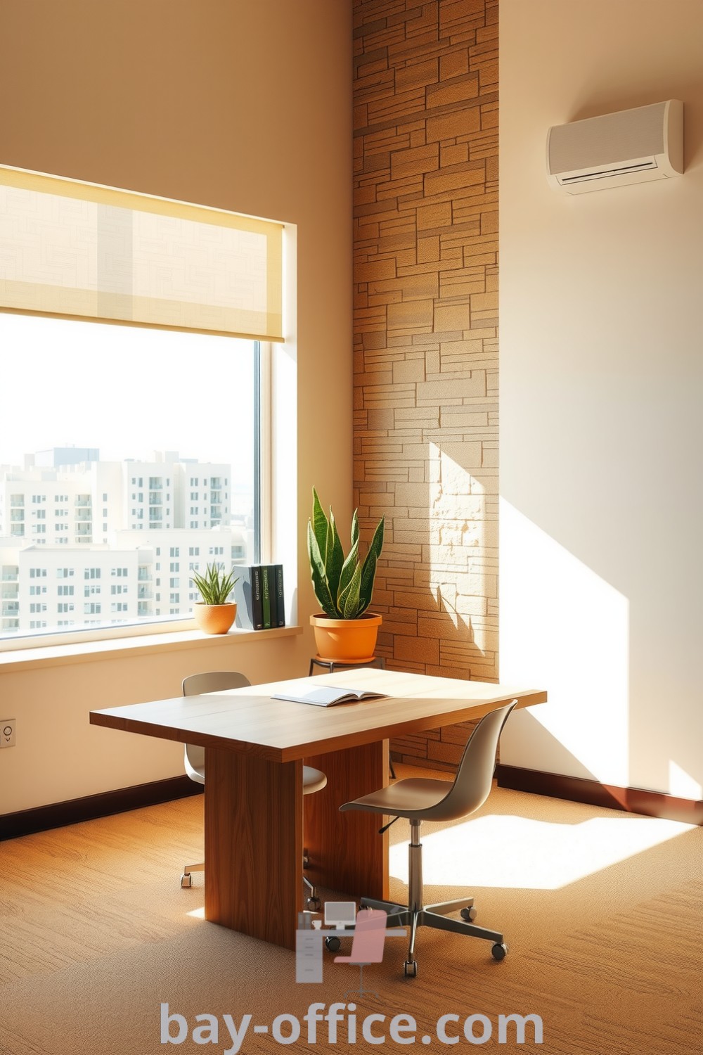 Minimalist corporate office featuring beige walls, a natural finish wooden desk, a modern metal chair, large windows for diffused light, and potted plants, designed to inspire productivity and create a cozy atmosphere. Discover more at bay-office.com.