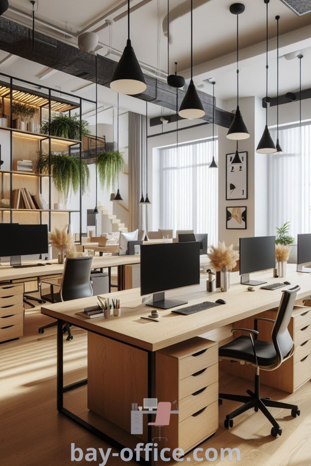 Chic office space with wooden floors, desks, and hanging plants, ideal for inspiring productivity and aesthetic appeal. Explore more office design ideas at bay-office.com.