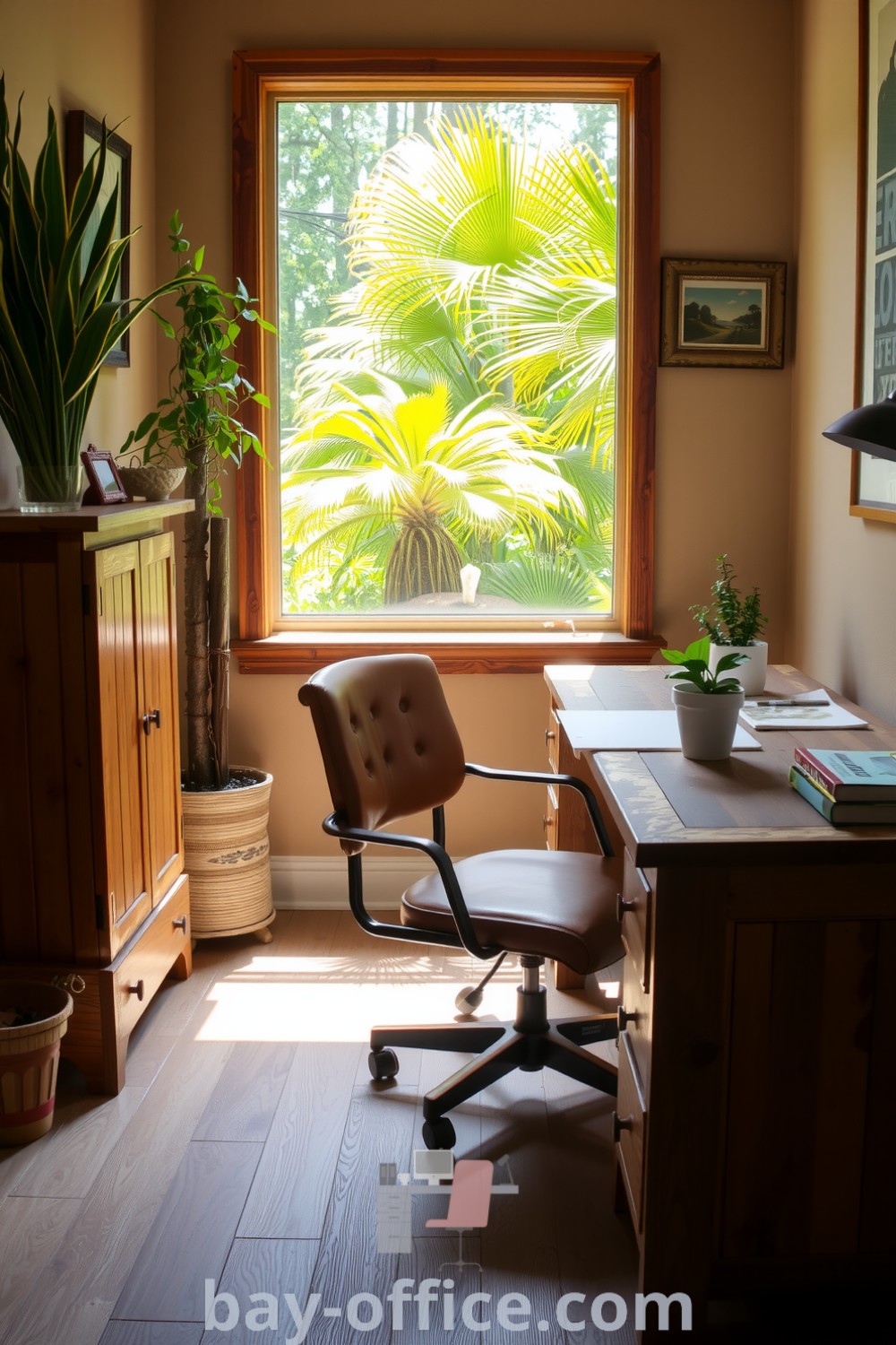 Nature-inspired home office with reclaimed wood furniture, soft earth tones, large windows framing garden views, and potted plants, creating a serene environment for productivity. Discover more cozy ideas at bay-office.com.