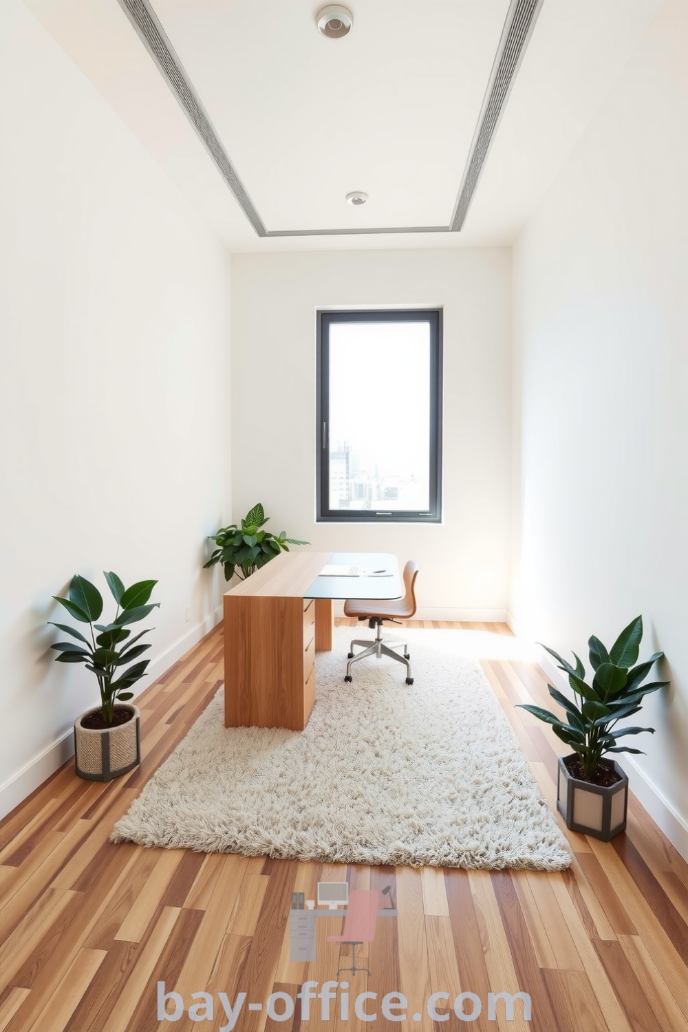 Minimalist corporate office featuring white walls, light maple desk, natural wood flooring, soft textures, and potted plants, designed to create a cozy and productive atmosphere. Explore more design trends at bay-office.com.