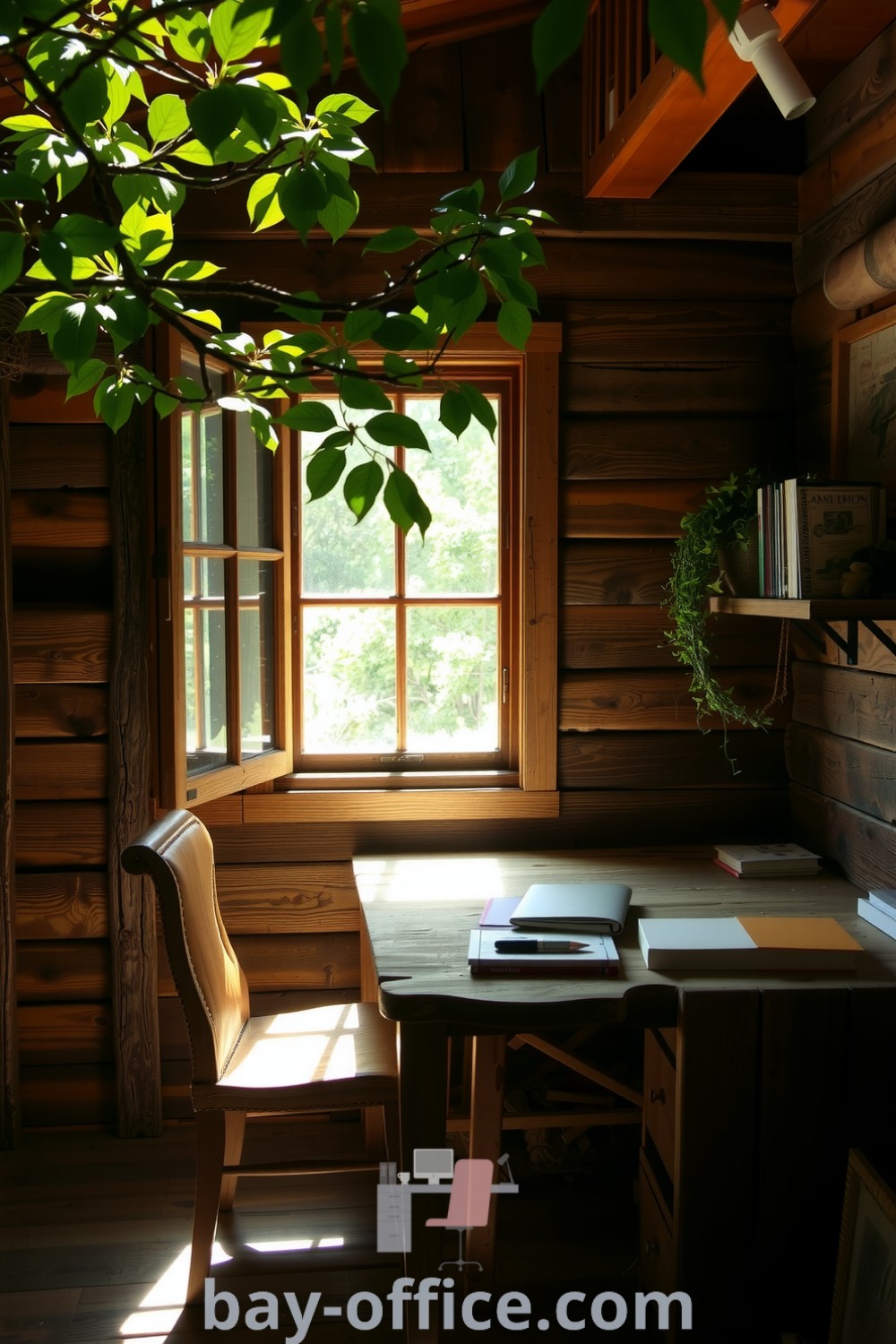 Cozy outdoor nature home office with reclaimed wood desk, comfortable chair, and surrounded by greenery, offering design tips for creating an inspiring and peaceful workspace. Ideas that will make you love working from home can be found at bay-office.com.