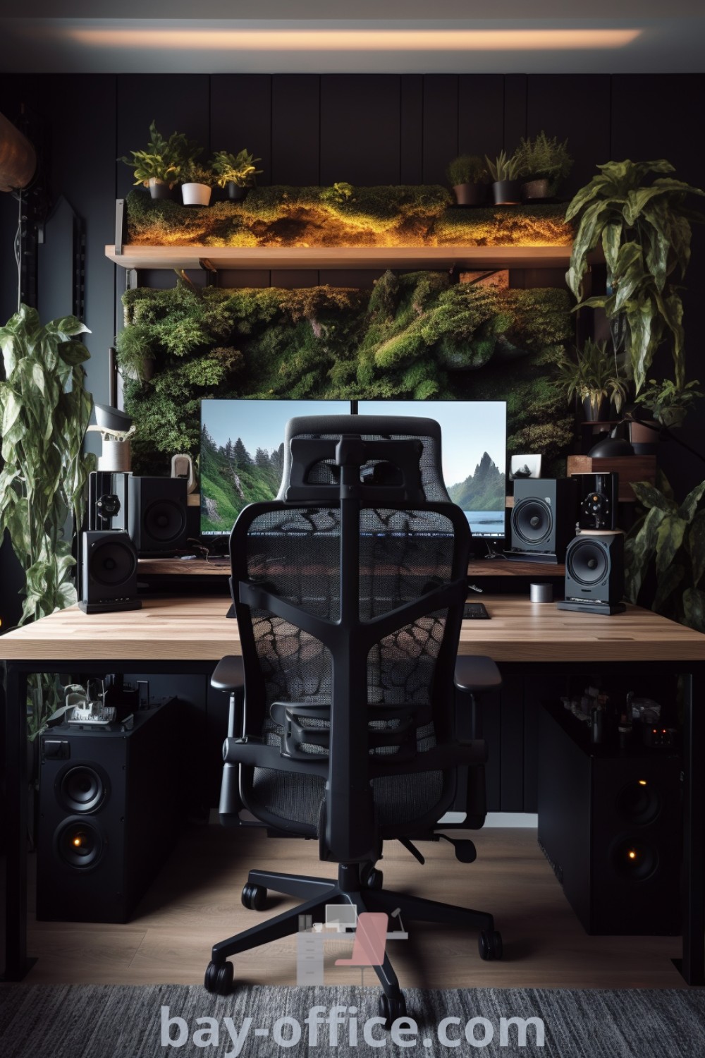 Minimalist office design featuring black walls, plants, and a large wooden desk. This cozy yet modern setup inspires productivity and creativity for home office enthusiasts. Discover more design tips and ideas you need to see at bay-office.com.