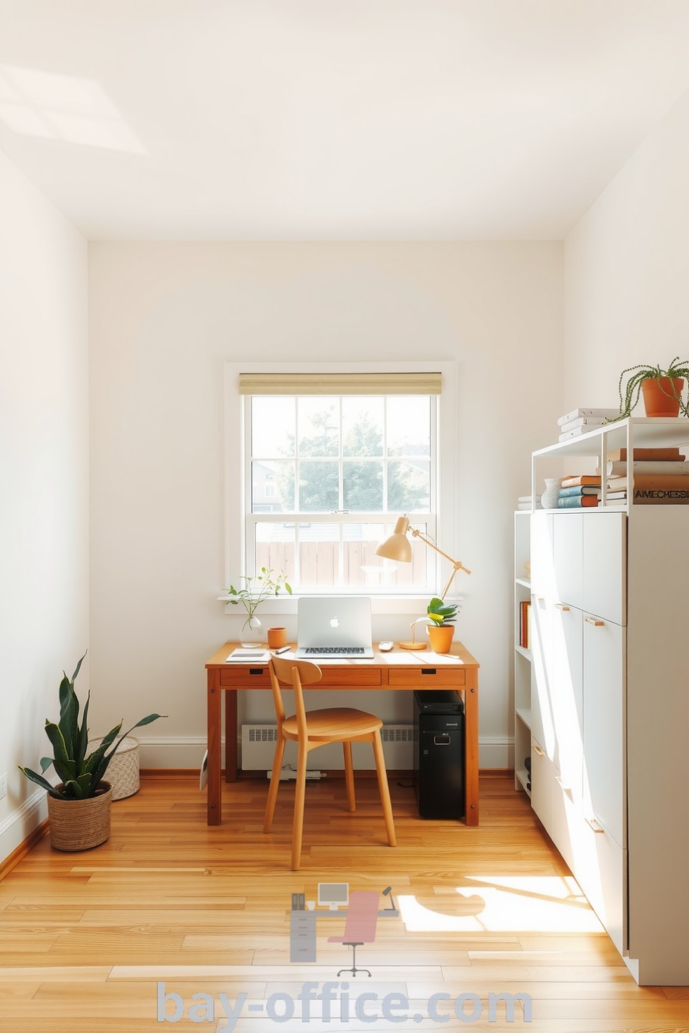 Minimalist home office featuring beige walls, a wooden desk under a large window, warm wooden flooring, and plants for a cozy atmosphere, designed to inspire productivity and focus. Discover more inspiring ideas at bay-office.com.