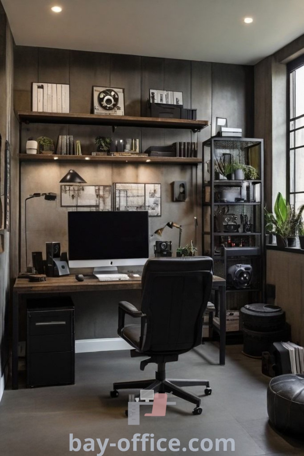 Industrial home office with shelves and furniture, showcasing stylish industrial design trends and cozy decor ideas for small spaces. Perfect for creating an inspiring workspace at bay-office.com.