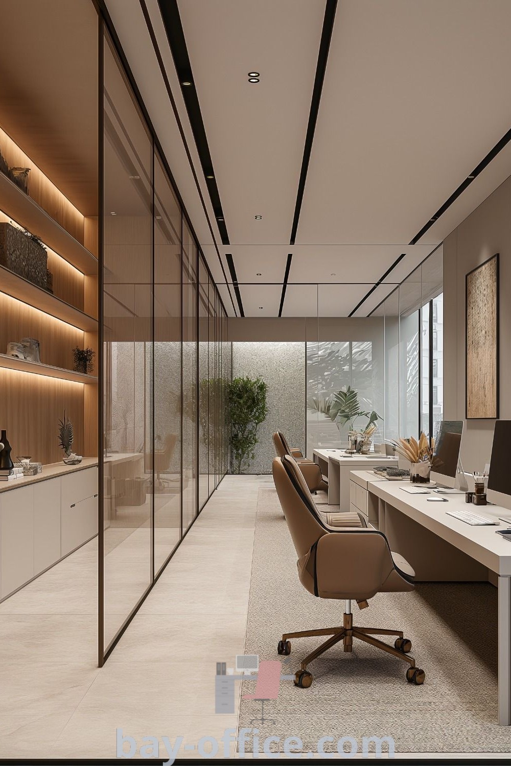 Modern open office with glass walls, desks, and business lounge areas showcasing design trends that promote productivity and comfort. Perfect for small corporate offices, it offers inspiring decor ideas for creating an efficient workspace at bay-office.com.