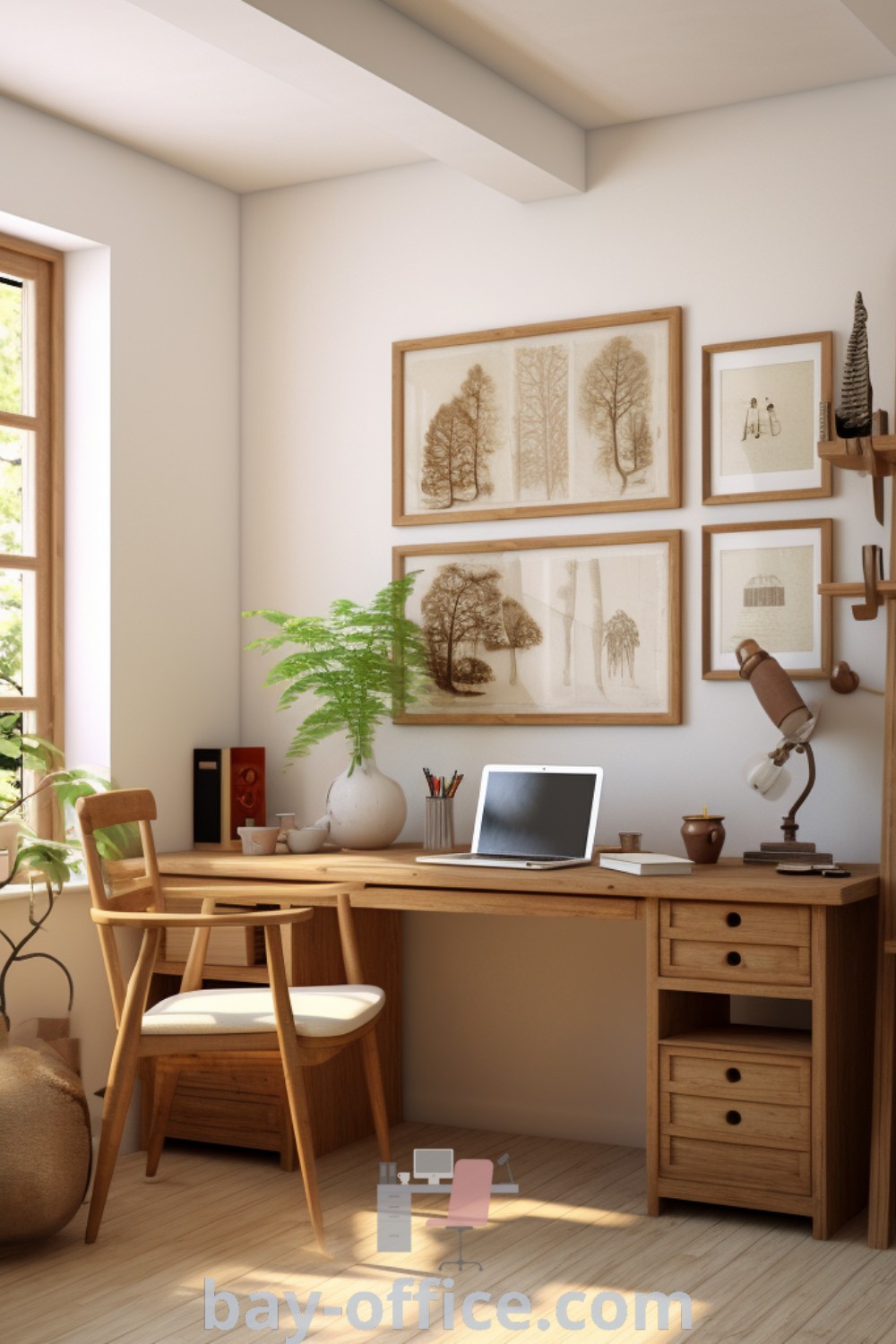 Japandi home office desk with a laptop by a large window, showcasing earth tone office design and warm office colors. Perfect for cozy and functional workspace inspiration. Discover decorating ideas and design trends for small spaces at bay-office.com.