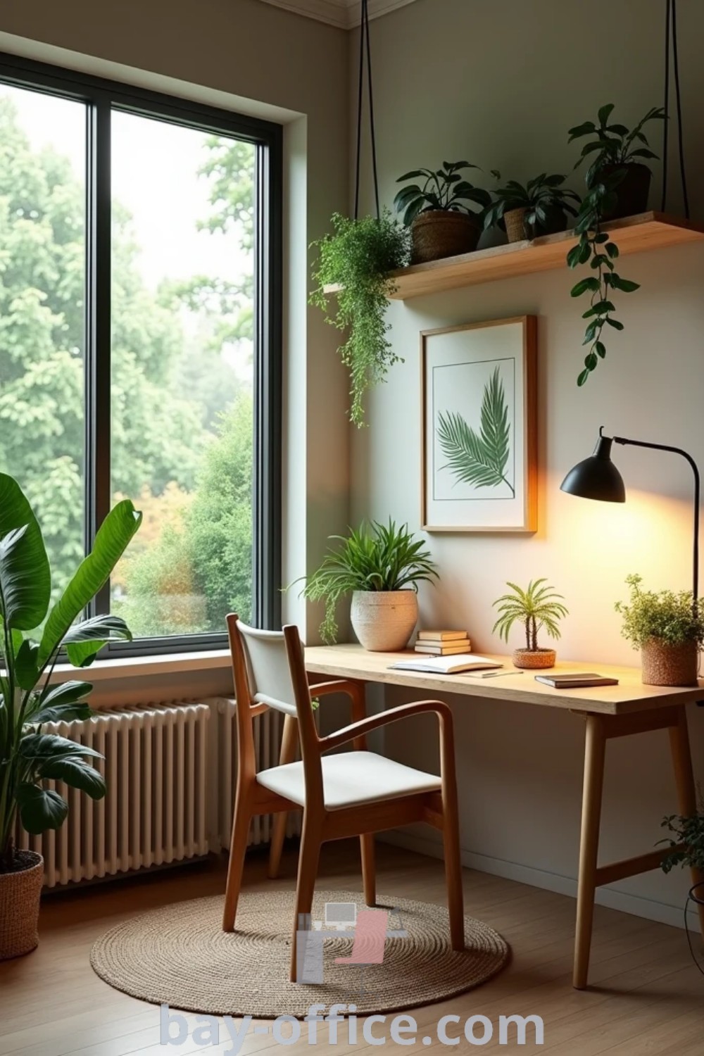 Naturopath office design featuring a light wood desk, cozy chair, and potted plants on the windowsill. This serene space provides relaxing home office ideas that promote productivity and inspire comfort. Discover design tips and inspiring decor ideas for small spaces at bay-office.com.