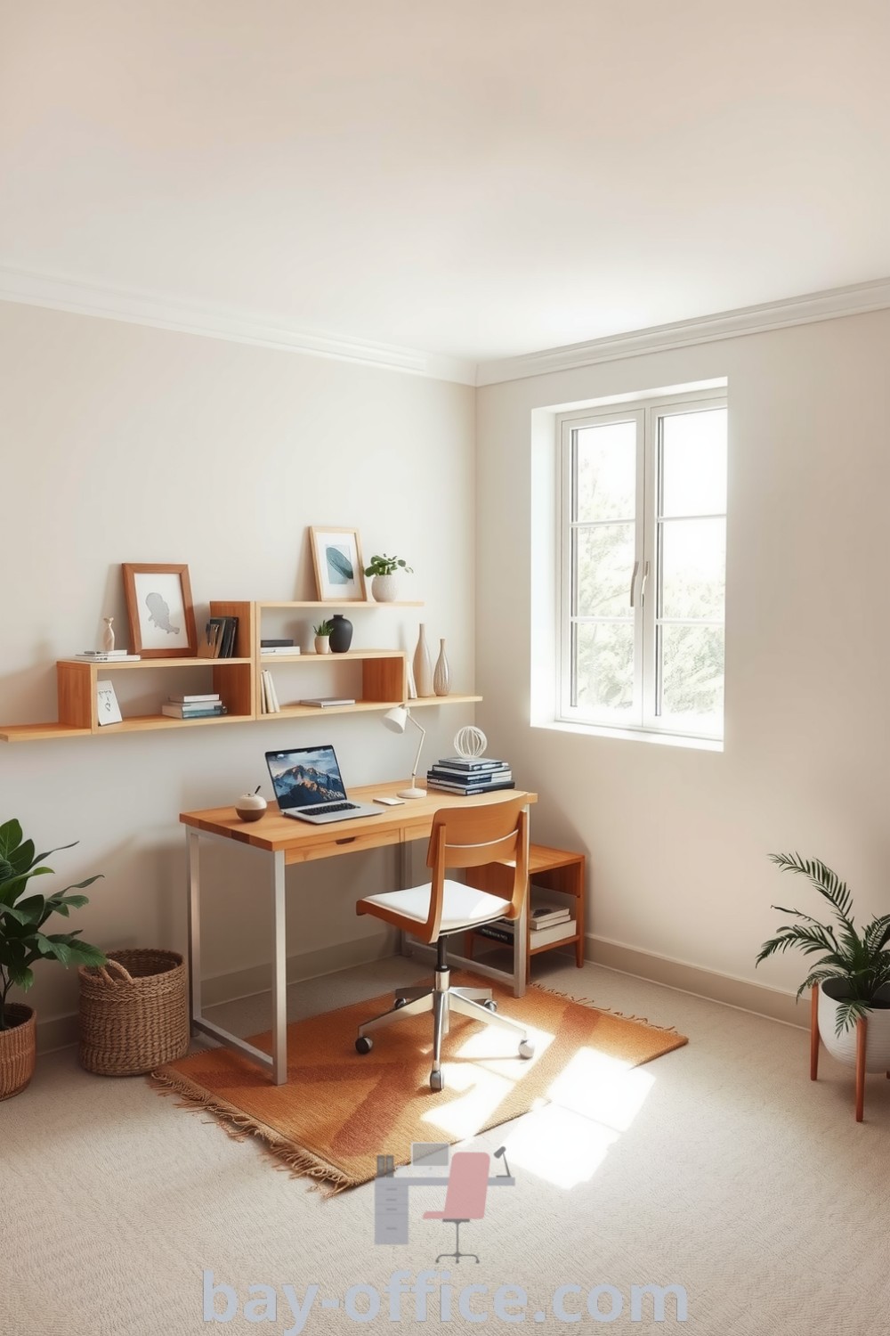 A minimalist home office with soft beige walls, natural light, a wooden desk, comfortable chair, personal mementos, textured rugs, and greenery, designed to inspire productivity and create a cozy aesthetic. Explore more inspiring design ideas at bay-office.com.