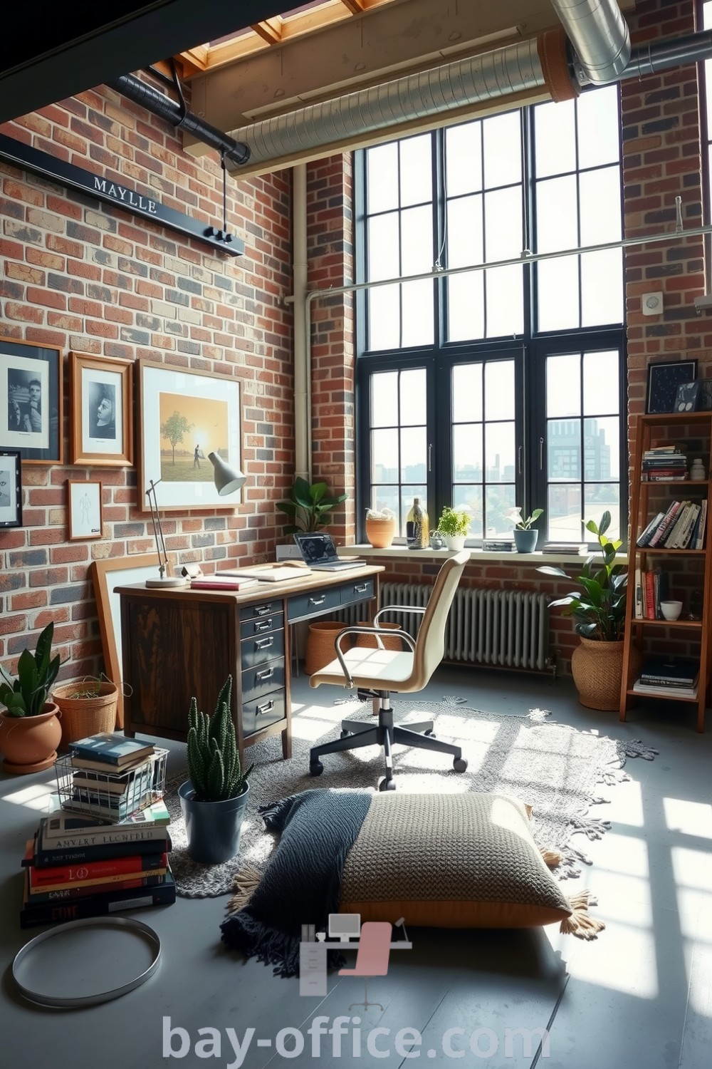 Cozy loft home office featuring exposed brick walls, industrial windows, a wooden desk, and comfortable seating, designed for productivity and warmth. Discover inspiring decor ideas for small spaces and how to make working from home enjoyable at bay-office.com.