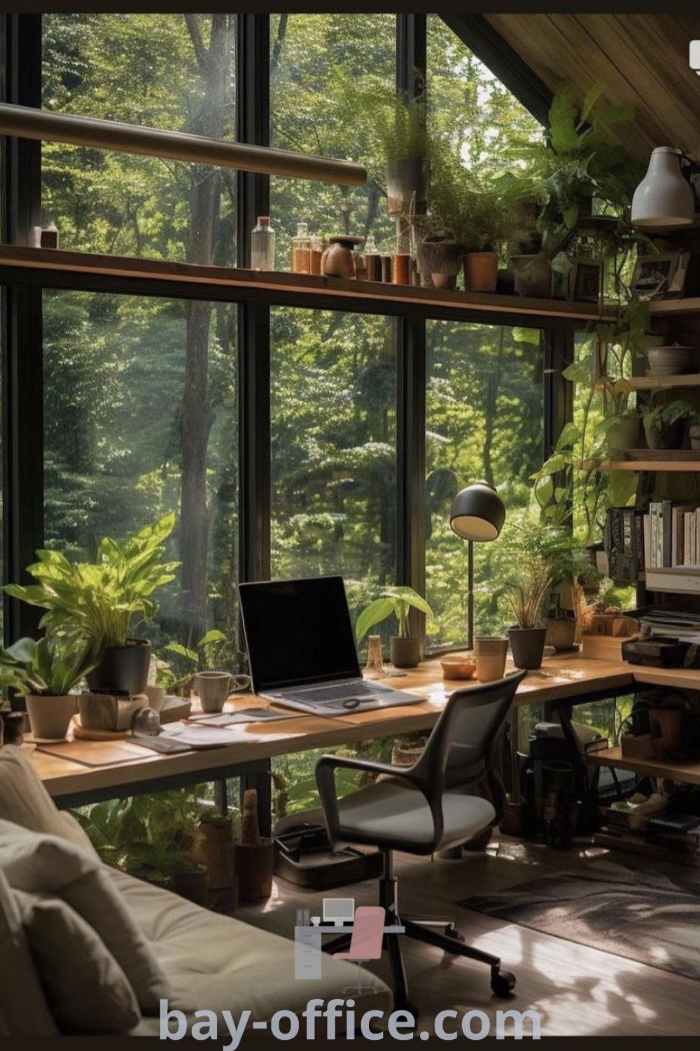Cozy home office with lots of plants on the window sill, large windows, and a laptop on a stylish desk. Perfect for dream home design and home decor trends. Get inspiring ideas for your workspace at bay-office.com.