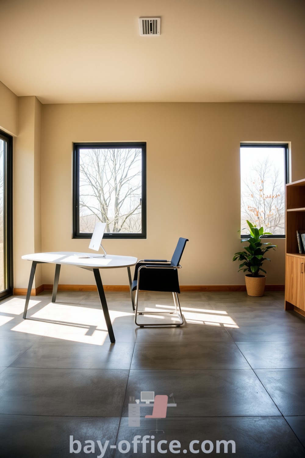 Minimalist corporate office with beige walls, natural wood accents, large windows, and a potted plant, designed to foster calm professionalism and inspire productivity. Discover inspiring ideas and design trends at bay-office.com.