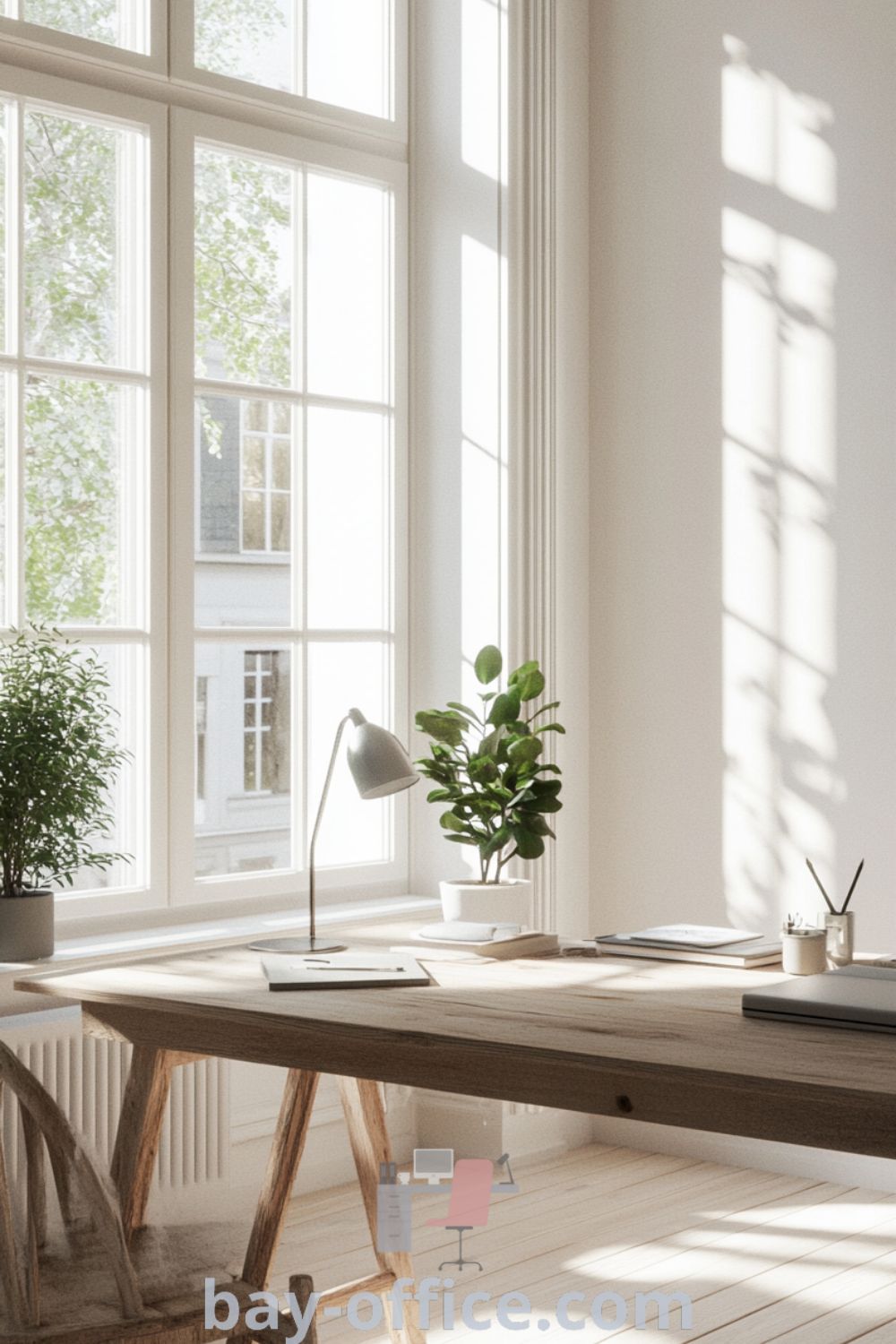 Scandinavian home office featuring soft white walls, a natural wooden desk, and potted plants, designed to inspire productivity and enhance the cozy aesthetic. Discover more design tips and ideas at bay-office.com.