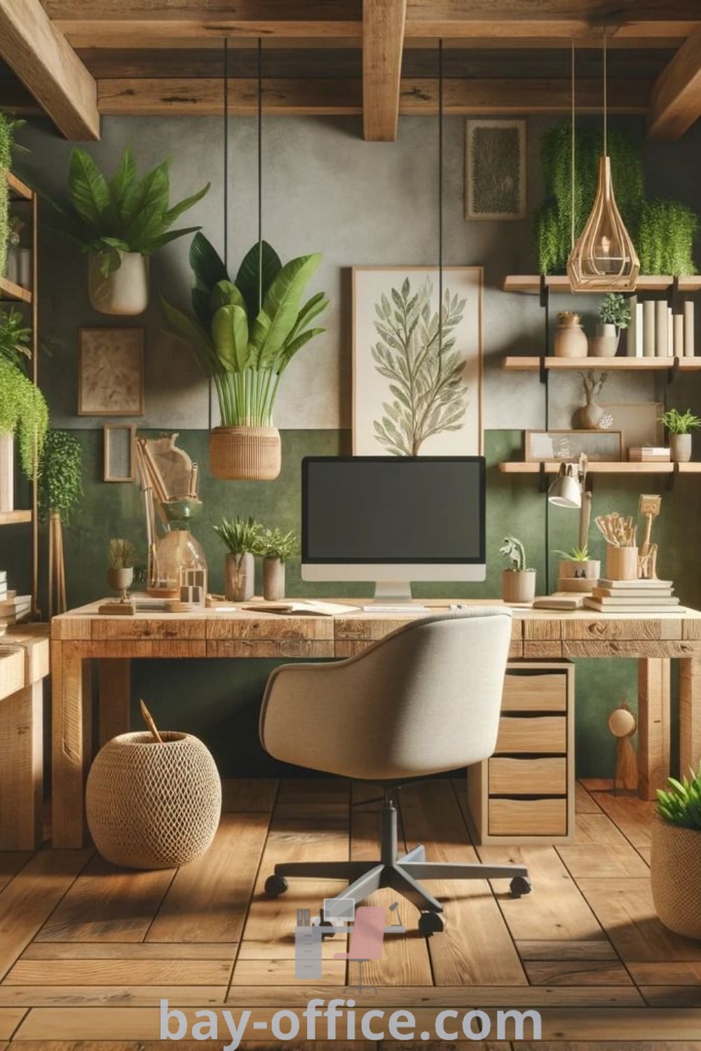 An office filled with potted plants on the desk and around a computer monitor, showcasing nature office ideas and sustainable office interiors. Ideal for inspiring productivity and creating a cozy aesthetic at bay-office.com.