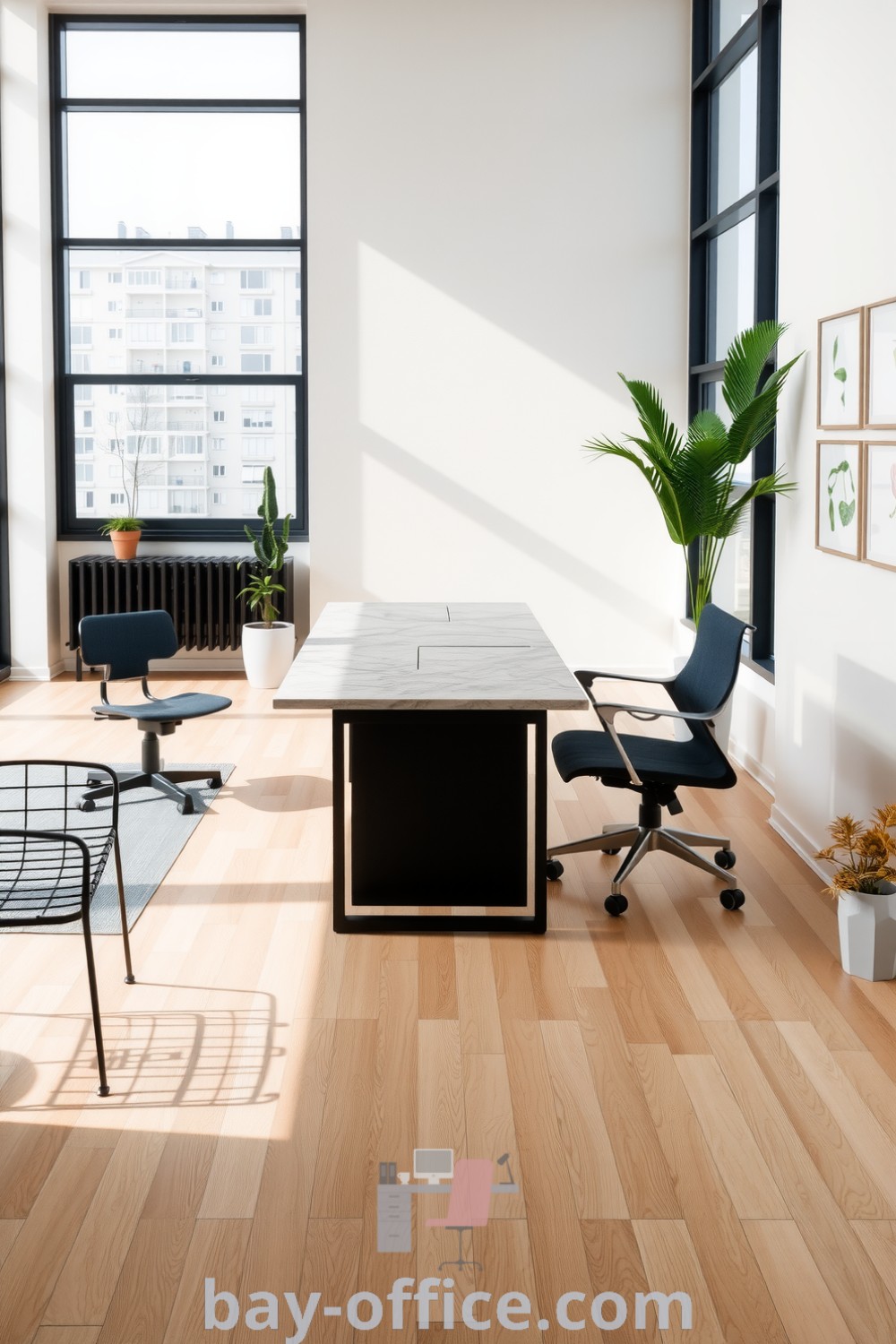 Minimalist corporate office featuring black metal furniture, warm wood flooring, large windows with natural light, and potted plants, promoting a serene and professional work environment. Discover design trends and decor ideas for small spaces at bay-office.com.