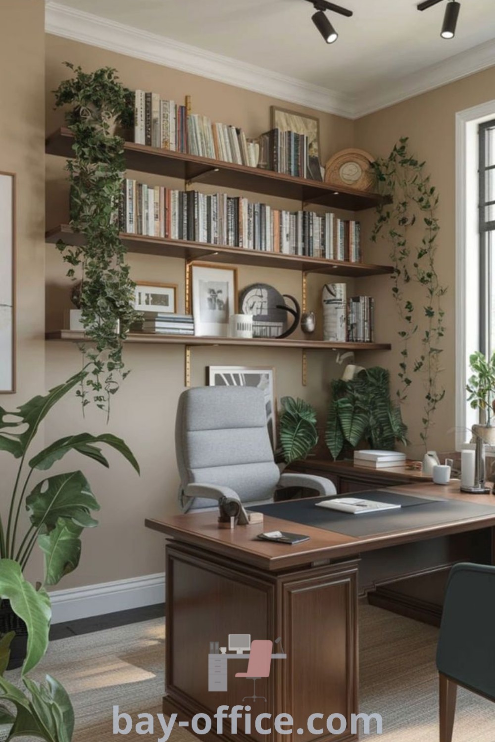 Cozy home office featuring a Cherry Wood Desk, plants, and bookshelves on beige walls. Ideas you