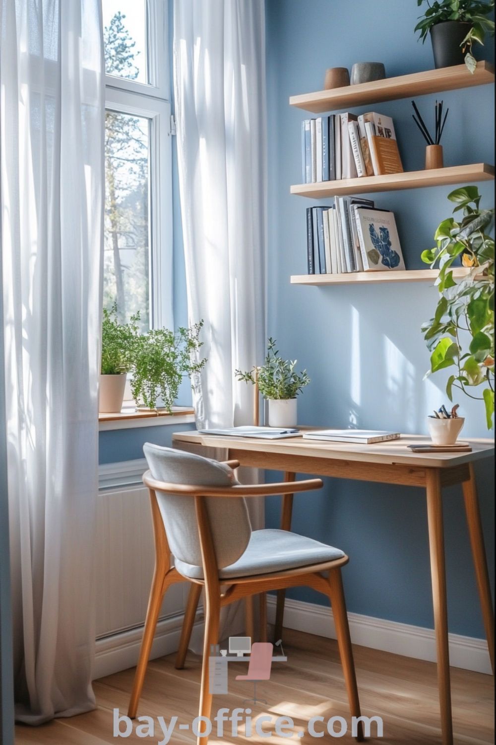 Cozy Scandinavian home office featuring soft blue walls, wooden desk, comfortable chair, and natural lighting, designed to inspire productivity and creativity in a serene environment. Discover more inspiring ideas at bay-office.com.