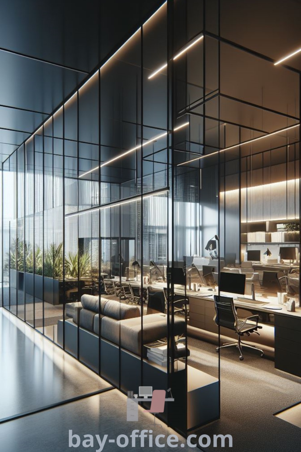 Modern office design featuring glass walls, lots of furniture, and contemporary tile. An inspiring space that embodies corporate interior design and offers productivity-boosting ideas you