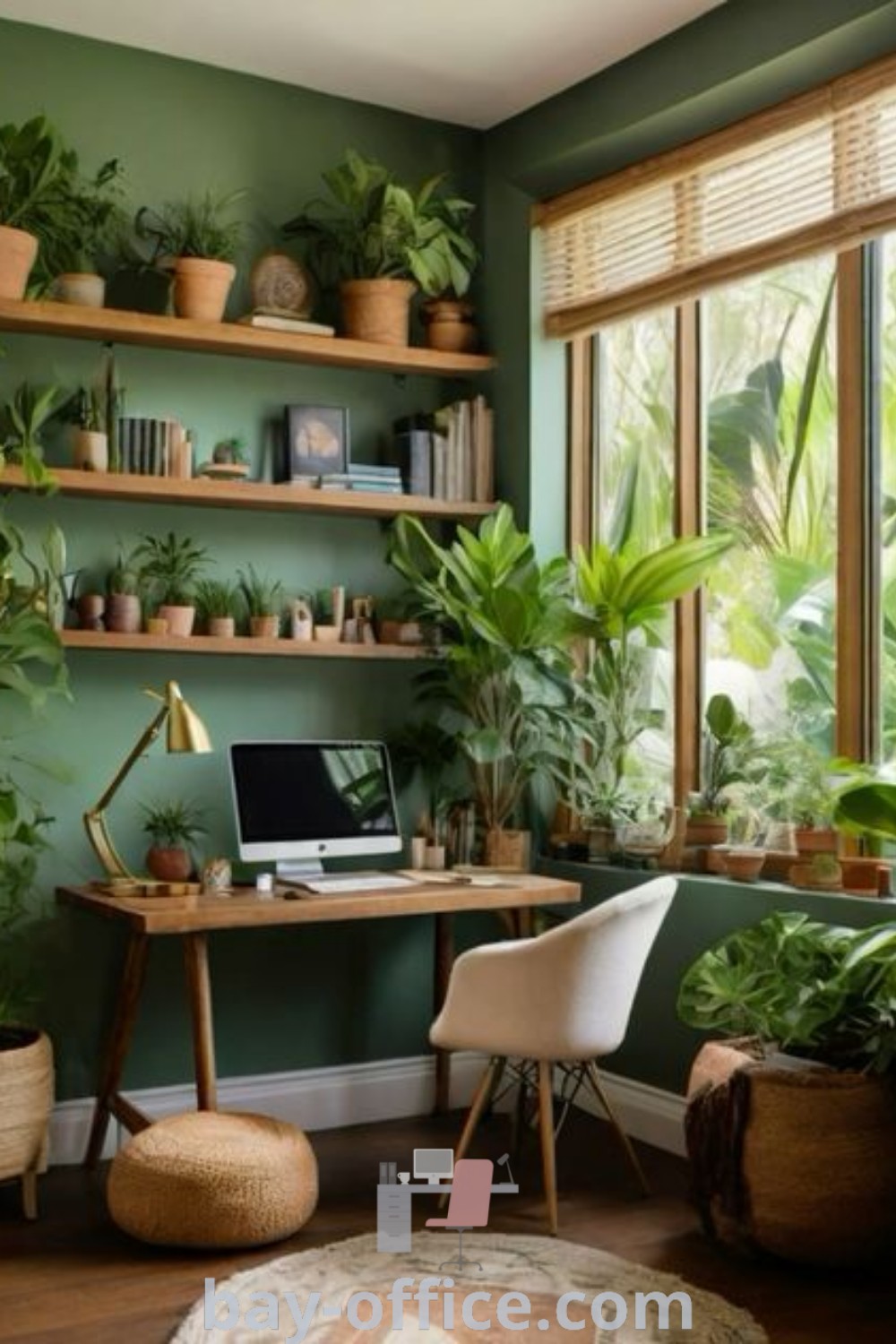Forest green home office design featuring green walls and abundant plants, creating a cozy and inspiring workspace. Explore green office decor ideas and design tips that enhance productivity at bay-office.com.