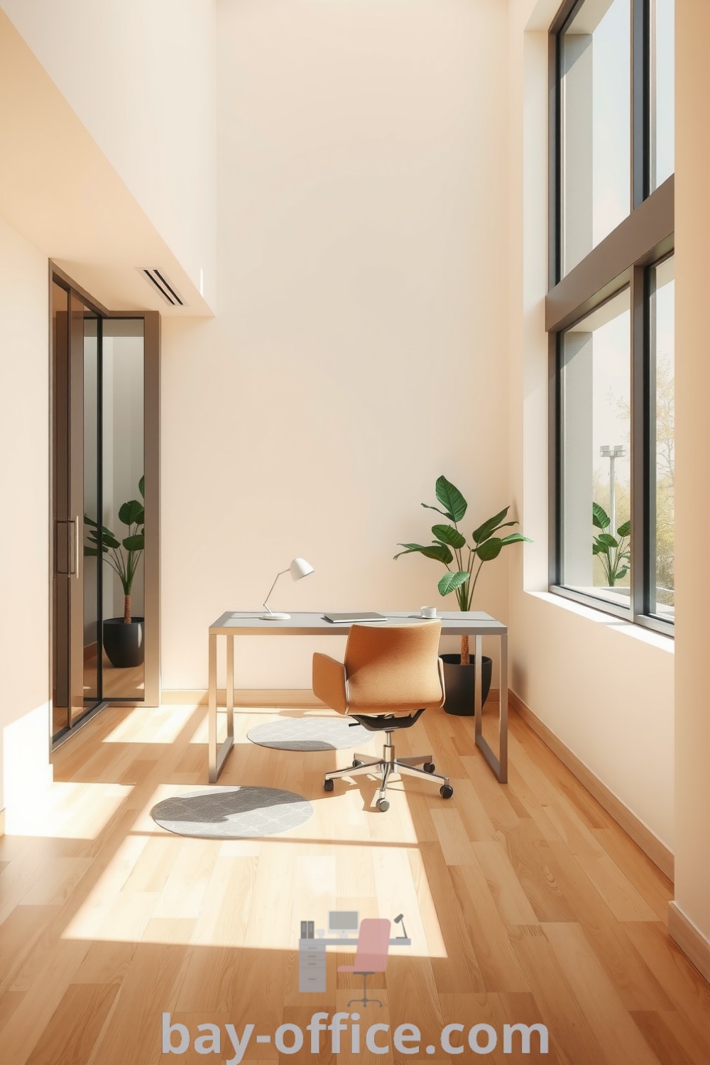Minimalist corporate office featuring large windows, light wood flooring, a brushed metal desk, and greenery, designed to inspire productivity and collaboration. Explore more cozy design ideas at bay-office.com.