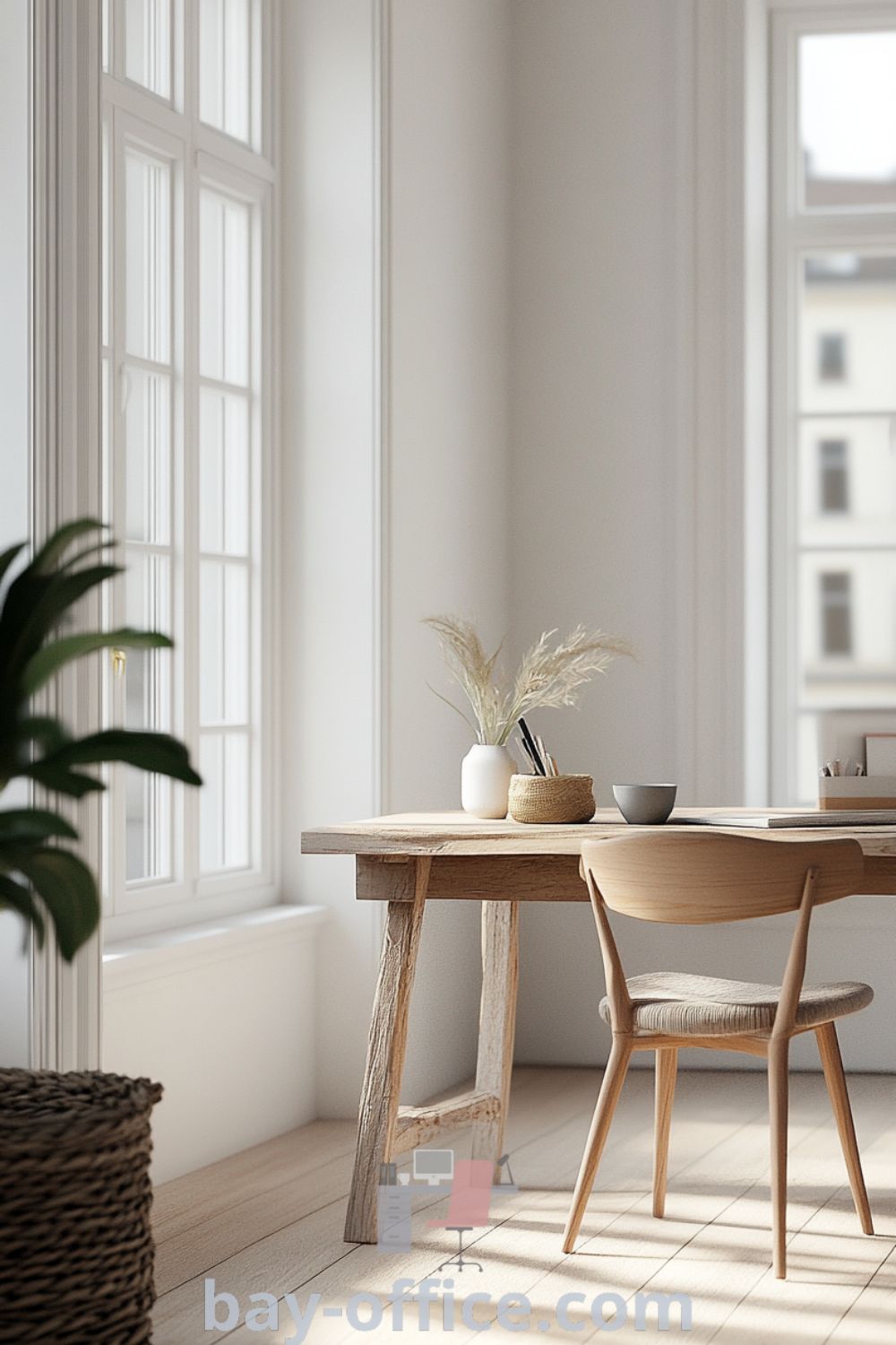 Scandinavian home office featuring white walls, a worn wooden desk, a cozy chair, potted plants, and woven baskets, designed for productivity and comfort. Perfect for cozy aesthetics and inspiring decor ideas for small spaces. Discover more at bay-office.com.