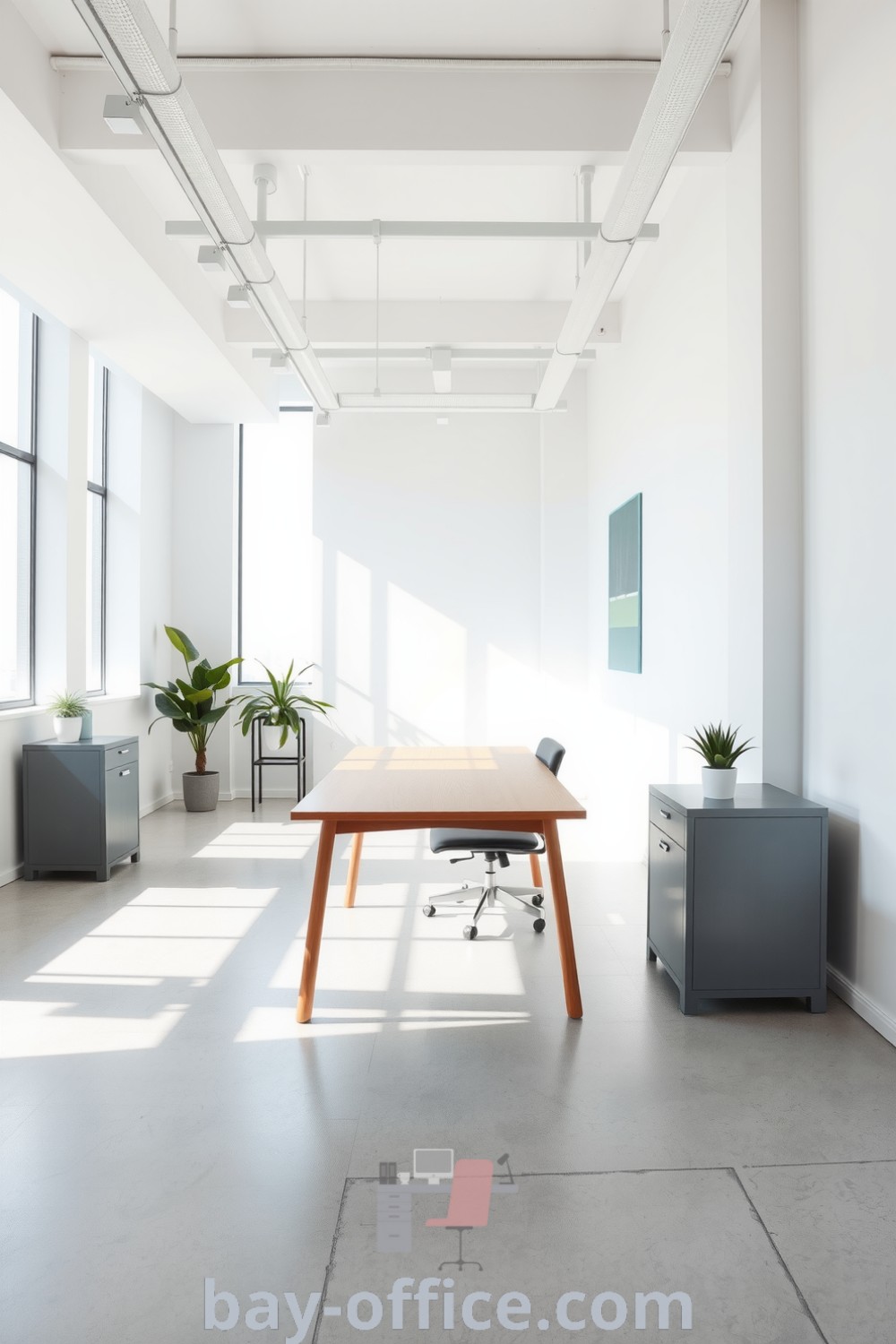 Minimalist corporate office featuring a sleek wooden desk, polished concrete flooring, potted plants, and expansive windows that allow natural light, creating a calm environment ideal for productivity. Discover inspiring decor ideas at bay-office.com.