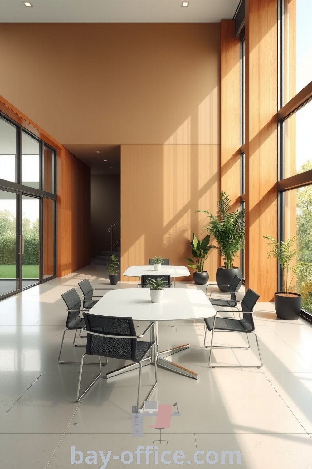 Warm minimalist corporate office with brown color palette, natural wooden elements, sleek metal furniture, and potted plants that create an inviting atmosphere for productivity. Find more design trends and decor ideas at bay-office.com.